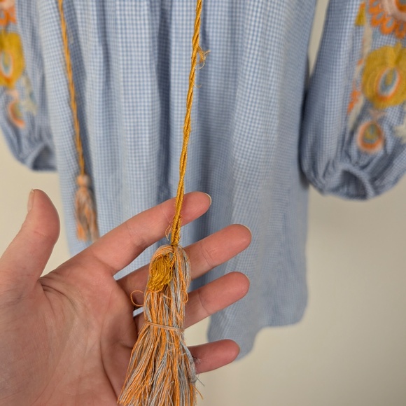 Zara Women Gingham Embroidered Mini Dress Long Sleeve Tassels Lantern Sleeve - Picture 10 of 15